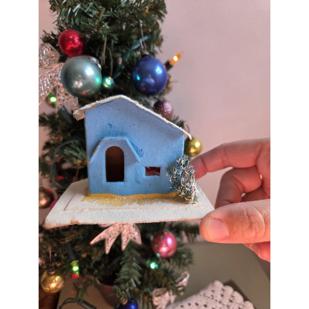 Vintage Putz Christmas House Blue Cardboard United Stores 10c Bottle Brush